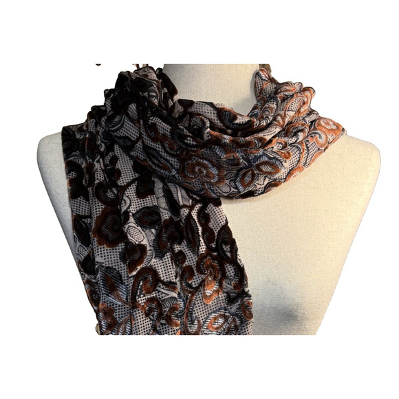 Silk Burnout Velvet Satin Floral Scarf Black Brown Fringe 20 X 68 Inch - Picture 5 of 11